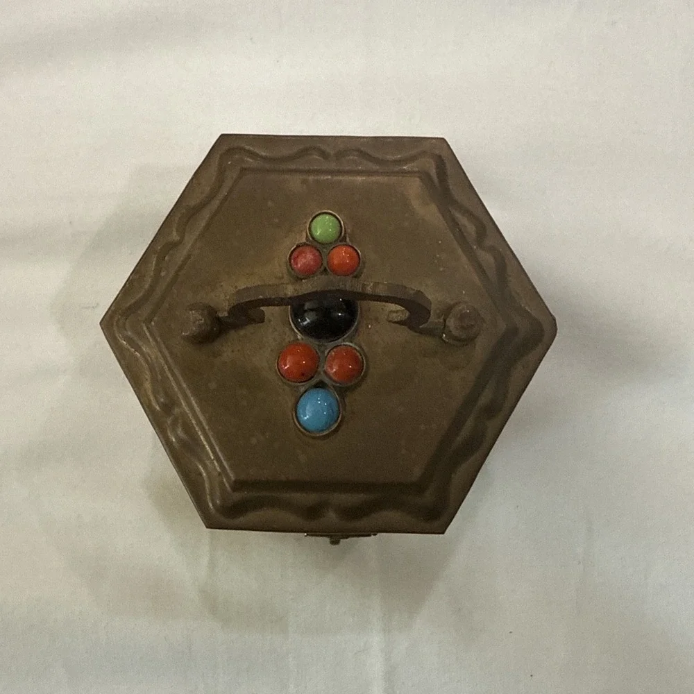 Vintage India  Shahid Brass Trinket Box With Blue Orange Gem‎ Stones